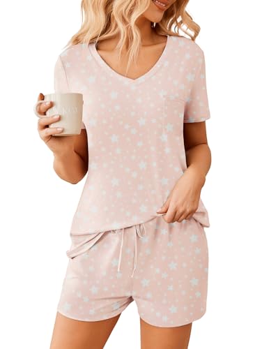 Image of Ekouaer Womens Pajama Sets Short Sleeve Pajamas for Women Sets Soft Lounge Sets Casual V Neck Sleepwear PJS