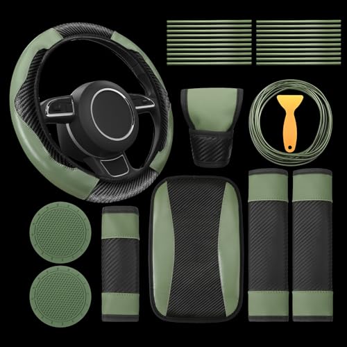 Riakrum 30 Pcs Car Accessories Set PU Leather Steering Wheel Cover Anti Slip Steering Wheel Protector Car Vent Trim Strips Air Conditioner Insert Strips with Installation Tool (Green)