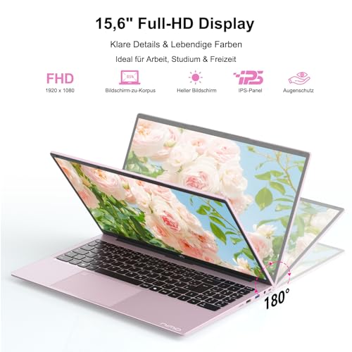 NIMO 15.6 Laptop FHD Computer Rosegold: 16GB RAM, 1TB SSD, Win 11 Home, Intel N100 bis 3,4GHz, WLAN-Konnektivität, Fingerabdruck, 65W PD, Hintergrundbeleuchtete Tastatur, Leicht & Stylisch