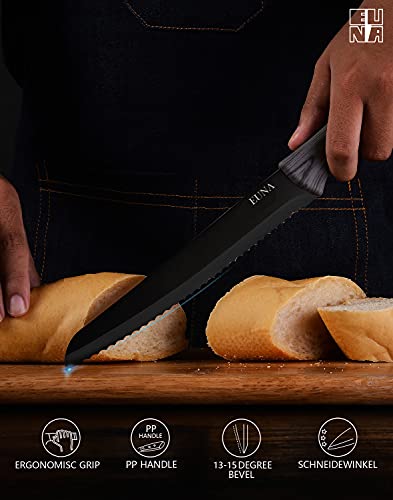 Euna 8-Inch Serrated Bread Knife, Razor Sharp Stainless Steel Professional Bread Cutter With Sheath & Gift Box For Slicing Homemade Bread, Bagels, Cake, Non-Stick Coating, Black #TOP2