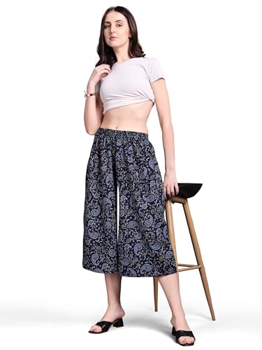 Image of THUMBA Women's Printed Poly Rayon Palazzo Pants | Wide Leg Culottes | Floral & Butterfly Print | Elastic Waist | Casual & Ethnic Wear | S M L XL 2XL 3XL