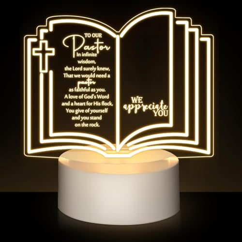 Image of Pastor Appreciation Gift Engraved Thank Clergy Sayings Acrylic Night LED Light with Base Christian Inspirational Desk Decor Gift for Dad Mom Church Baptism Jesus Church Favors