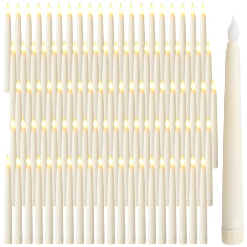 Image of Baquler 100 Pcs 8.5 Inches Flameless Taper Candles Bulk Battery Operated Taper Candles Ivory LED Candlesticks Flickering for Christmas Wedding Home Decor