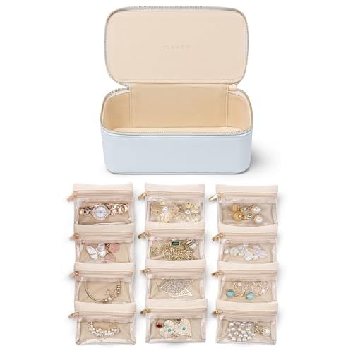 Vlando Travel Jewelry Case,Jewelry Organizer with 12 Pcs Velvet Jewelry Pouches, PU Leather Jewelry Box for Travel Accessories Birthday Christmas Gift