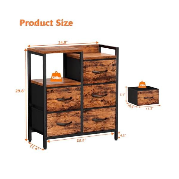   Furnulem-5-Drawer-Rustic-Brown-Dressers-for-Bedroom-2-Tier-Shelf-Storage-Small-Fabric-Dresser-for-Closet-Sturdy-Metal-Frame-Modern-Style-Storage-Cabinets-Organization-Units-for-Hallway-Rooms
