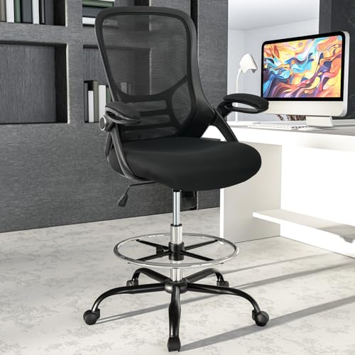 Image of HYLONE Drafting Chair Tall Office Chair High-Back Mesh Standing Desk Stool with Adjustable Footrest Ring and Flip-Up Arms Black