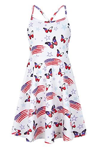 4th of July Outfits for Girls 10-12 Kids Patriotic Clothes Butterfly Red White and Blue USA Flag Sundresses Girls Stars and Striped Outfit