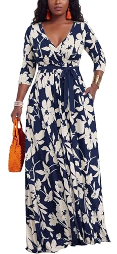Image of Women's Floral Maxi Dress Summer Casual V-Neck 3 /4 Sleeve Long Bohemian Print Evening Party Dress