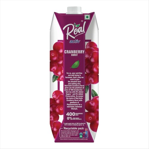 Image of Real Activ Cranberry Juice 1L | No Added Sugar, Colors or Preservatives | Rich in Antioxidants & Vitamin C | Refreshing Tangy Fruit Drink | Healthy Beverage for Daily Hydration