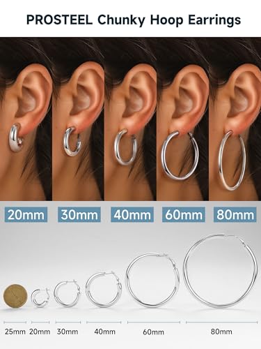 Image of Stainless Steel Chunky Hoop Earrings For Women, Minimalist and Chic, Black /Gold Plated, Round Hoops Earrings Hypoallergenic, Size: 30mm /40mm /60mm /80mm, Come with Box