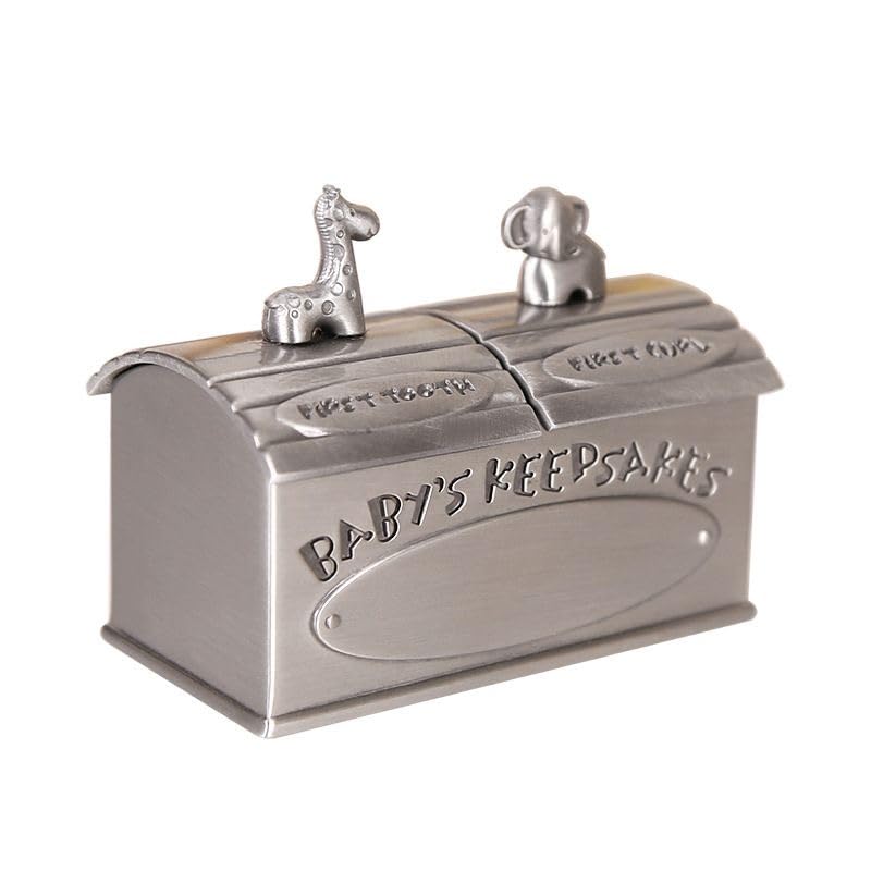 Premium Baby Keepsake Box for First Tooth & Curl – Vintage Silver Zinc Alloy Memory Holder with Giraffe & Elephant Figurines – Newborn Gift Idea for Boys & Girls