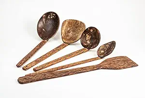 HUNTSMAN Traditional Coconut Shell & Wood Cooking Set | Set of 5-1 Spatula, 1 Large Spoon, 3 Size Ladles|Durable, 100% Natural for Healthy Living