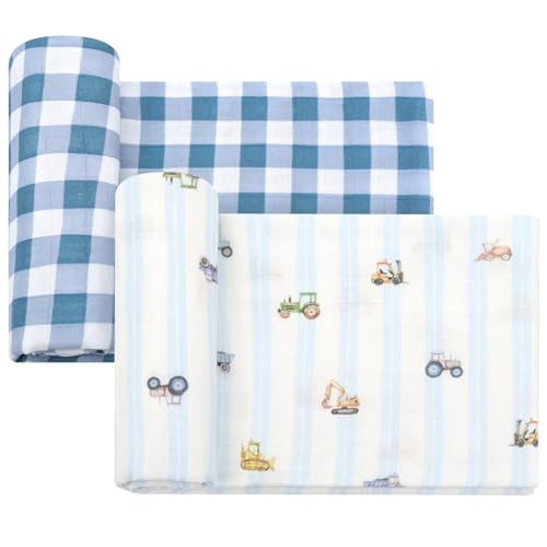 Image of LifeTree Baby Swaddle Blankets, Boys Girls Muslin Swaddling Wrap Receiving Blanket for Newborn, 70% Viscose from Bamboo and 30% Cotton, Large 47 inch x 47 inch, Car and Checkered
