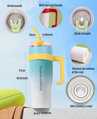 Image of MOOKA 1200ML Stainless Steel Tumbler Hot and Cold with Handle and Lid 2 Straw, Double Insulated Cup 100% Leak Proof Mug Cupholder for Gym, Travelling (Blue White)