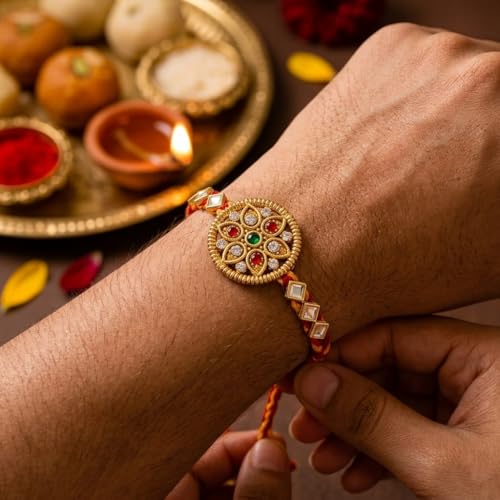 Image of 1 Pcs Elegant Handmade Lakh Rakhi for Bhaiya with Roli Chawal Traditional Floral Wristband Ethnic Rakshabandhan Thread for Bhaiya, Festive Bracelet Gift Set