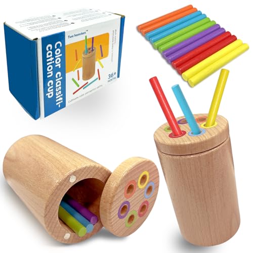 Felicify Sortierspiel, Montessori Spielzeug, Farbsortierspielzeug, Farbsensorisches Spielzeug aus Holz, Farblernbecher, Motorikspielzeug, Feinmotorik Sortierspielzeug für Kinder (Rundstab)