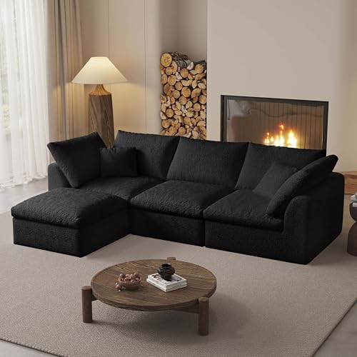 Image of Modular Sectional Sofa Couches L-Shape Couch 3 Seat Modular Sofa Memory Foam Sectional Couches for Living Room (Black, 108 inch+3 Seater+1 Ottoman)