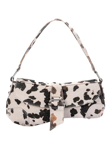 QWINEE Women's Y2K Leopard Print Shoulder Bag Denim Handbags Retro Cheetah Purses Top Handle Buckle Clutch Underarm Bag Beige One Size