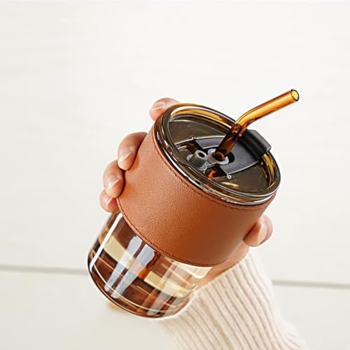 Image of Premium Reusable Glass Coffee Sipper Mug with Lid and Straw | Drinking Leakproof Tumbler with Leather Sleeve | Multipurpose Cup for Coffee Tea Juice and Smoothies | Home & Travel Use 400ml