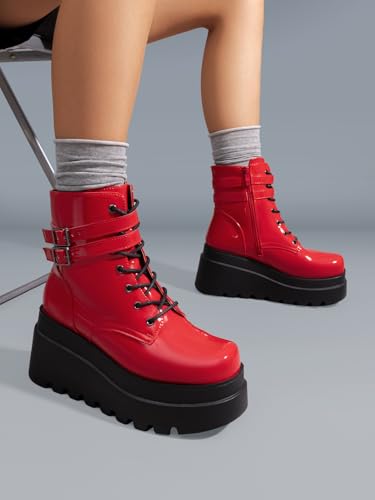 DREAM PAIRS Women Platform Combat Ankle Boots Goth Chunky High Heel Lace Up Motorcycle Booties,Size 9,Red,DWUMAB2519