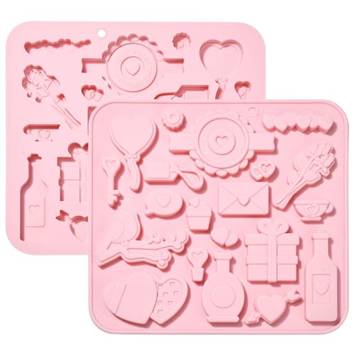 Stiesy 2 Pezzi 20 Cavità Stampi in Silicone Tema Amore Riutilizzabili Stampo in Silicone per Torta Fondente a Forma di Cuore Chiave Bottiglia di Profumo Stampi da Forno per Cioccolato Sapone Budino