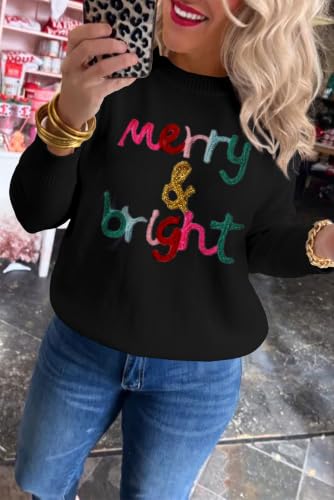 Image of LEMAFER Women 2026 Merry Christmas Round Neck Sequin Letters Sweater Casual Solid Slogan Long Sleeve Pullover Sweatshirt Tops