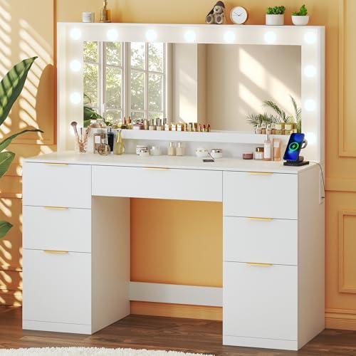 Image of HUAHUU Vanity Desk with Mirror and Lights, 45.3in Makeup Vanity with 7 Drawers & Large Mirror, White Vanity with 3-Color Adjustable Lighting & Power Outlet, Vanity Desk for Bedroom
