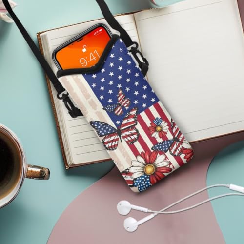 Image of Women Crossbody Cell Phone Bag Purse for 4th of July Patriotic Phone Bag Purse with Shoulder Strap Bag Pouch Fits Most Smartphones for Travel, Beach, Butterfly American Flag Daisy