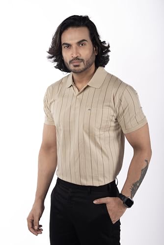 Image of Men's Polo T- Shirts Collar Neck Half Sleeves, Regular Fit, Cotton Mercerized Collection with All Over Vertical Printed Stripes /Comfortable and Soft