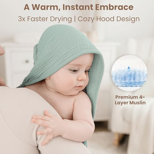 Image of Konssy 2-Pack Muslin Hooded Baby Towels, 100% Cotton, Ultra-Soft & Absorbent Baby Bath Towels with Hood for Newborn & Infant (Green, Leafy,32 inch x 32 inch)