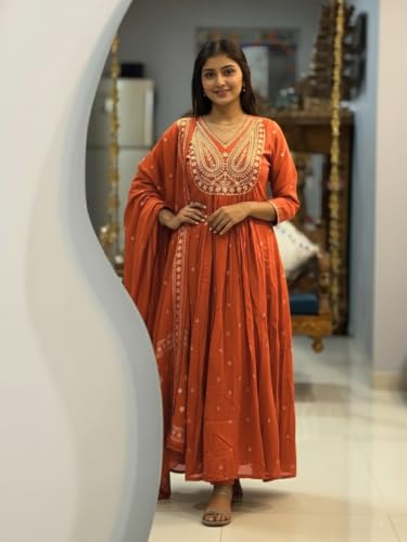 Image of ANNI Designer Women's Rayon Viscose Printed Embroidered Anarkali Kurta with Pant & Dupatta | Ethnic Kurti Set with Embroidery | Soft Comfortable Fabric | Stylish Outfit for Festive, Office
