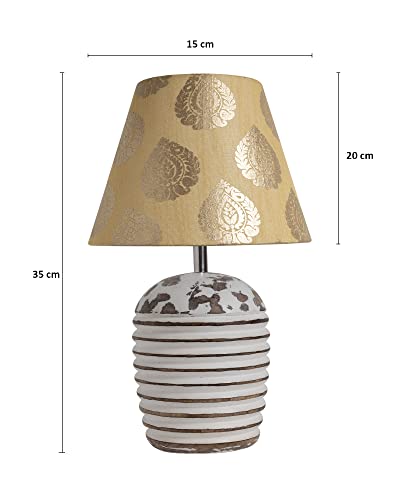 Image of Homesake Wooden Table Lamp for Bedroom | Bedside Lamp with Fabric Shade | E27 Holder with Bulb Included | Warm Light Night Lamp for Living Room, Study Table & Home Decor, Gold Leaf Shade