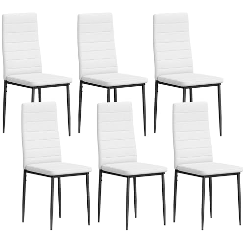 HOMCOM Pack de 6 Sillas de Comedor Modernas, Sillas de Cocina Tapizadas en Lino Sintético con Respaldo Alto y Patas de Metal, para Salón, Blanco