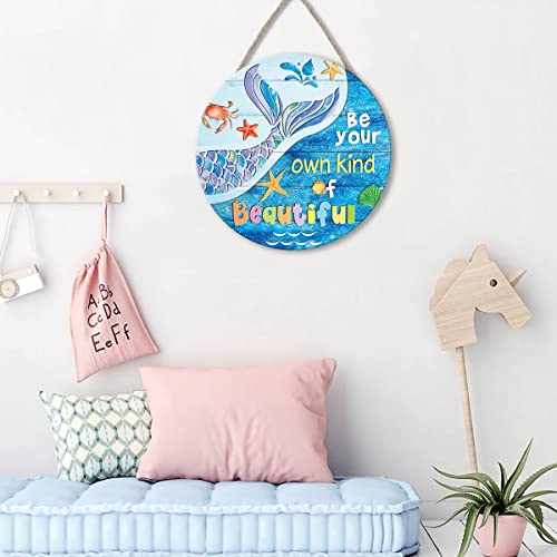 TOARTi Mermaid Wood Sign-30.5x30.5cm,Inspirational Wooden Sign,Be Your Own Kind of Beautiful Wall Art, Mermaid Sign for Girls Room,Summer Door Sign Mermaid Bathroom Decor - Image 2