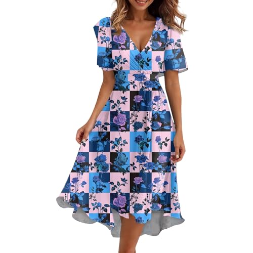 Robe Femme Longue, Summer Dresses for Women Tenue Chic Et Elegant Manche Courte Robes Soiree Col V Longues Robe de Soiree Femme Robes Rose Pourpre Rose Pourpre...