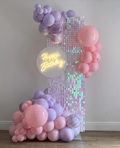 Image of Shimmer Wall Backdrop Pink Iridescent Square Sequin Wall Panel Backdrop Decor for Wedding, Anniversary, Birthday, Party, 12 Panels