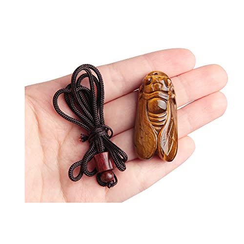 Ximimark Natural Tigers-Eye Stone Crystal Carved Cicada Healing Gemstone Pendant(Including necklace rope 1pcs)