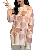 FindThy Women’s Cute Heart Print Sweater Y2k Kawaii Long Sleeve Pearl Beaded Crew Neck Pullover(0785-Pink-OneSize-LB)