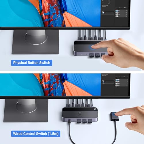 Image of UGREEN USB 3.0 HDMI KVM Switch with 4 USB 3.0 Ports 4K@60Hz for 2 Computers Sharing 1 Monitor Keyboard Mouse Hard Drives Printer, with 2 HDMI Cables, 2 USB Cables and Controller