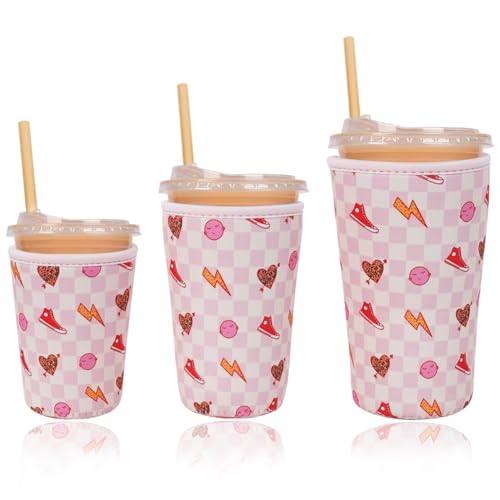 Image of Reusable Insulated Neoprene Iced Coffee Cup Sleeve, Durable Drink Sleeve for Cold Beverages, Beverage Holder for Iced Coffee, Preppy Pink
