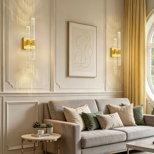 Image of Crystal Wall Sconces Set of Two LED Bathroom Vanity Light Fixtures Gold 21.25in 4000K Vertical and Horizontal Wall Mounted Sconces for Bedroom, Living Room, Hallway