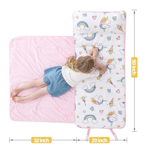 Image of Viviland Toddler Kid Nap Mat for Preschool, White Unicorn Slumber Bag, Daycare Bag with Pillow and Blanket, Kindergarten Mat