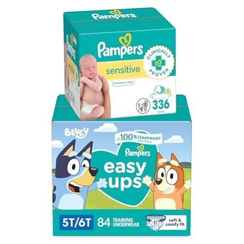 Image of Pampers Easy Ups and Baby Wipes - Pull On Disposable Potty Training Underwear for Boys and Girls, Size 7 (5T-6T), 84 Count, ONE MONTH SUPPLY with Sensitive Wipes, 6X Pop-Top Packs, 336 Count