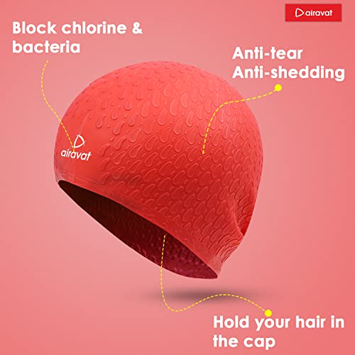 Image of Airavat Swim Bubble Cap, Silicone Swim Cap, Comfortable Bathing Cap Ideal for Curly Short Medium Long Hair, Swimming Cap for Women and Men (Red)