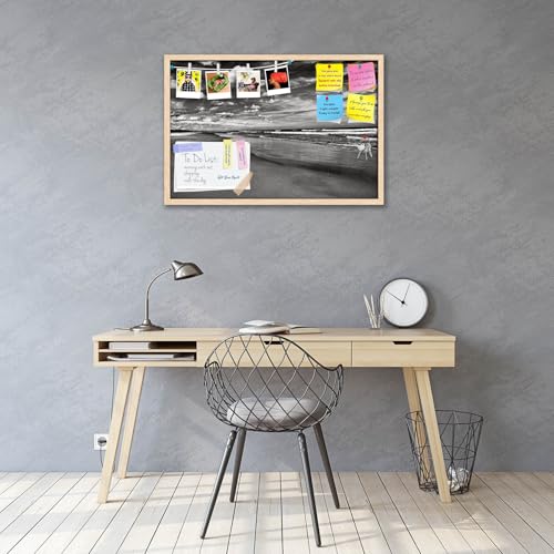 Image of ArtzFolio Sea, Air, & Land Monochrome Contrast | Bulletin Board Notice Pin Board | Vision Soft Board Combo with Thumb Push Pins & Sticky Notes | Natural Brown Frame | 24 x 16 inch (61 x 41 cms)