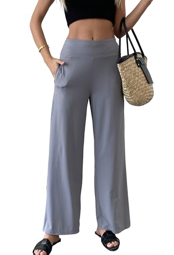 Women's Summer Pants Cool Silky Wide Leg Pull on Smocked Waist Stretch Casual Lounge Beach Trouser