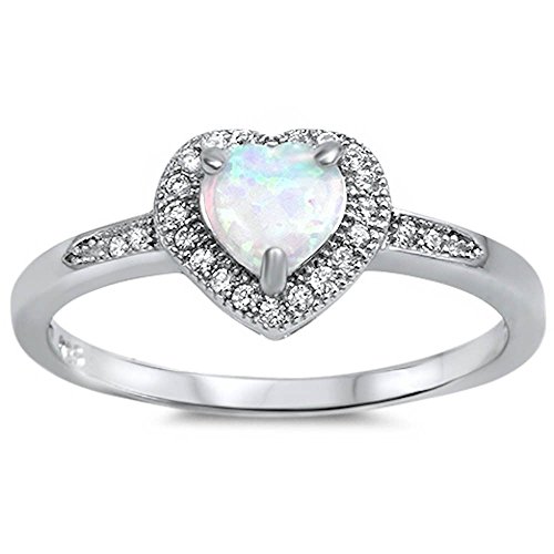Oxford Diamond Co Lab Created White Opal Heart & Cz Promise .925 Sterling Silver Ring Size 7