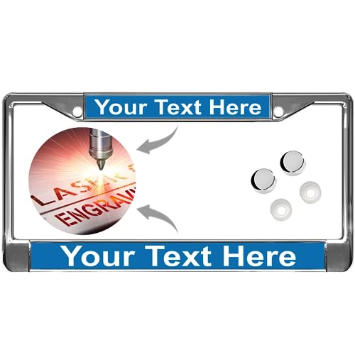 Image of Custom Personalized Chrome-Plated Metal Laser Engraved Standard Size - Car /Automobile License Plate Frame with Free caps - Blue /White Text (Qty: 1 Frame)