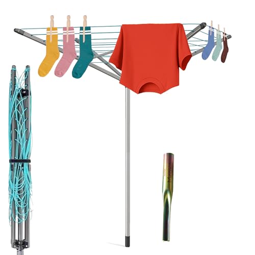 Meown Rotary Washing Line with Ground Spike, 4-Arm Heavy Duty Outdoor Clothes Airer, 50M Whirligig Garden Dryer, Adjustable Height, Windproof & Easy to Open and Close for Garden & Laundry Drying