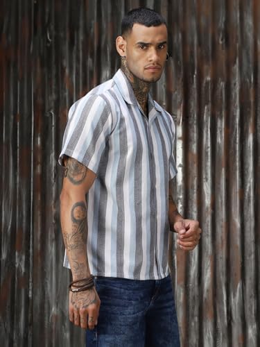 Image of High Star Men Strip Cotton Relaxed Fit Collar Short Sleeve Shirts 36